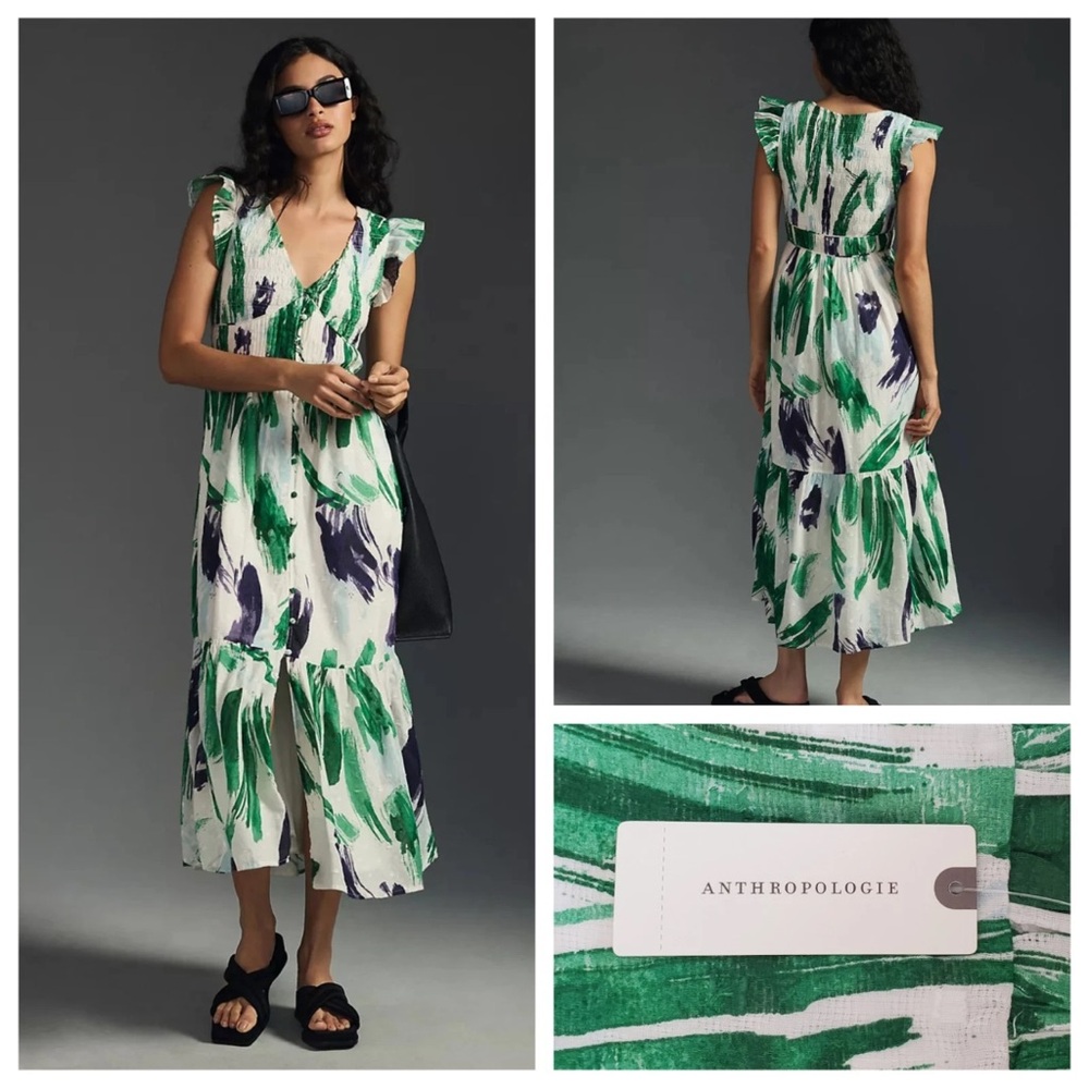 Anthropologie Green and white Maxi Dress